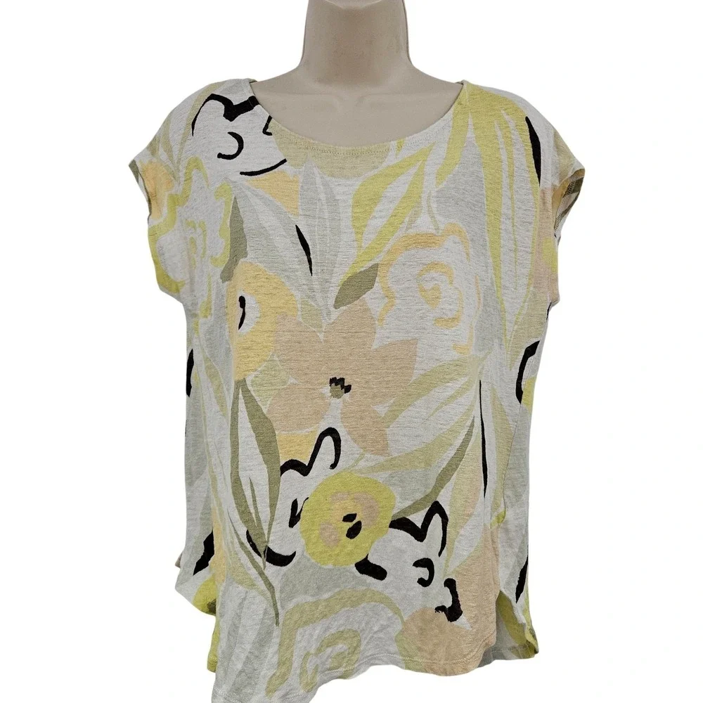 Rachel Zoe Top Women M Yellow Floral 100% Linen Tee Organic Beachy‎ Coastal